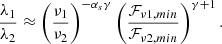 Mathematical equation: $$ \begin{aligned} \frac{\lambda _1}{\lambda _2} \approx \left(\frac{\nu _1}{\nu _2}\right)^{-\alpha _s\gamma }\left(\frac{\mathcal{F} _{\nu \mathrm 1,min}}{\mathcal{F} _{\nu \mathrm 2,min}}\right)^{\gamma +1}. \end{aligned} $$