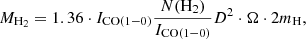 Mathematical equation: $$ \begin{aligned}&M_{\mathrm{{H}_2}} = 1.36 \cdot I_{\rm CO(1-0)}\frac{N(\mathrm{H}_2)}{I_{\rm CO(1-0)}} D^2 \cdot \Omega \cdot 2 m_{\rm H}, \end{aligned} $$