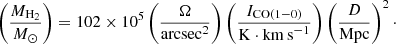 Mathematical equation: $$ \begin{aligned}&\left(\frac{M_{\mathrm{{H}}_2}}{M_{\odot }}\right) = 102\times 10^5 \left(\frac{\Omega }{\mathrm{{arcsec}}^2}\right) \left(\frac{I_{\rm CO(1-0)}}{\mathrm{K}\cdot \mathrm{{km\,s}}^{-1}}\right) \left(\frac{D}{\mathrm{Mpc}}\right)^2\cdot \end{aligned} $$