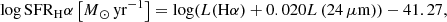 Mathematical equation: $$ \begin{aligned} \log \mathrm{SFR}_{\rm H}{\alpha }\left[ M{_\odot }\,\mathrm{{yr}}^{-1}\right]=\log (L(\mathrm{H}{\alpha })+0.020 L\left({24\,\mu \mathrm{m}})\right)-41.27 , \end{aligned} $$