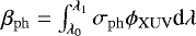 Mathematical equation: $\beta_{\mathrm{ph}} = \int_{\lambda_0}^{\lambda_1} \sigma_{\mathrm{ph}} \phi_{\mathrm{XUV}} \textrm{d}\lambda$
