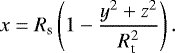 Mathematical equation: \begin{equation*}x = R_{\textrm{s}} \left(1-\frac{y^2 + z^2}{R_{\textrm{t}}^2} \right). \end{equation*}