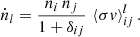 Mathematical equation: $$ \begin{aligned} \dot{n}_l = \frac{n_i\,n_j}{1+\delta _{ij}}\,\left\langle \sigma { v}\right\rangle _{ij}^l. \end{aligned} $$