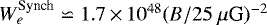 Mathematical equation: $W_e^{\textrm{Synch}} \backsimeq 1.7\,{\times}\,10^{48} (B / 25 ~\mu\mbox{G})^{-2}$