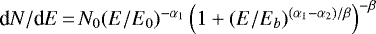 Mathematical equation: $\textrm{d}N/\textrm{d}E\,{=}\,N_0 (E/E_0)^{-\alpha_1} \left( 1 + (E/E_b)^{(\alpha_1 - \alpha_2)/\beta} \right)^{-\beta}$