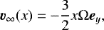 Mathematical equation: \begin{align*} {\bm v}_{\infty}(x)=-\frac{3}{2}x\Omega\bm{e}_{y},\vspace*{-4pt} \end{align*}
