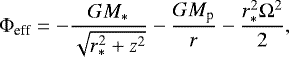 Mathematical equation: \begin{align*} \Phi_{\textrm{eff}}=-\frac{GM_{\ast}}{\sqrt{r_{\ast}^{2}+z^{2}}}-\frac{GM_{\textrm{p}}}{r}-\frac{r_{\ast}^{2}\Omega^{2}}{2},\end{align*}