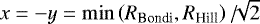 Mathematical equation: $x=-y=\min\left(R_{\textrm{Bondi}},R_{\textrm{Hill}}\right)/\!\!\sqrt{2}$