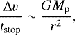 Mathematical equation: \begin{align*} \frac{\Delta v}{t_{\textrm{stop}}}\sim\frac{GM_{\textrm{p}}}{r^{2}},\end{align*}