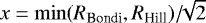 Mathematical equation: $x=\min(R_{\textrm{Bondi}}, R_{\textrm{Hill}})/\!\!\sqrt{2}$