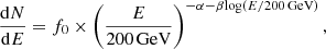 Mathematical equation: $$ \begin{aligned} \frac{\mathrm{d}N}{\mathrm{d}E} = f_0\times \left(\frac{E}{200\,\mathrm{GeV}}\right)^{-\alpha -\beta \mathrm{log}(E/200\,\mathrm{GeV})}, \end{aligned} $$