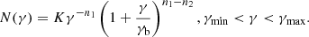 Mathematical equation: $$ \begin{aligned} N(\gamma )=K\gamma ^{-n_1}\left(1+\frac{\gamma }{\gamma _{\mathrm{b} }}\right)^{n_1-n_2}, \gamma _{\mathrm{min} }< \gamma < \gamma _{\mathrm{max} }. \end{aligned} $$