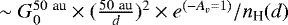 Mathematical equation: $\sim G_0^{50~\textrm{au}} \times (\frac{50~\textrm{au}}{d})^2 \times e^{(-A_v=1)}/ n_{\textrm{H}}(d)$