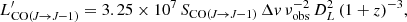 Mathematical equation: $$ \begin{aligned} L^\prime _{\rm CO(\textit{J}\rightarrow \textit{J}{-}1)}=3.25\times 10^7\,S_{\rm CO(\textit{J}\rightarrow \textit{J}{-}1)}\,\Delta v\, \nu _{\rm {obs}}^{-2}\,D_L^2\,(1+z)^{-3}, \end{aligned} $$
