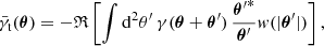 Mathematical equation: $$ \begin{aligned} {\bar{\gamma }_{\mathrm{t} }}(\boldsymbol{\theta })&= - \mathfrak{R} \left[ \int {\mathrm{d} }^2 \theta {^\prime } \, \gamma (\boldsymbol{\theta }+\boldsymbol{\theta }{^\prime }) \, \frac{\boldsymbol{\theta }{^\prime }^*}{\boldsymbol{\theta }{^\prime }} w(|\boldsymbol{\theta }{^\prime }|) \right], \end{aligned} $$