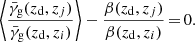Mathematical equation: $$ \begin{aligned} \left\langle \frac{ {\bar{\gamma }_{\mathrm{g} }}({z_{\mathrm{d} }}, z_j)}{{\bar{\gamma }_{\mathrm{g} }}( {z_{\mathrm{d} }}, z_i) }\right\rangle - \frac{\beta ({z_{\mathrm{d} }},z_j)}{\beta ({z_{\mathrm{d} }},z_i)}\,{=}\,0. \end{aligned} $$