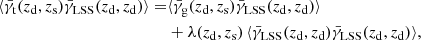 Mathematical equation: $$ \begin{aligned} \langle {\bar{\gamma }_{\mathrm{t} }}({z_{\mathrm{d} }},{z_{\mathrm{s} }}) {\bar{\gamma }_{\mathrm{LSS} }}({z_{\mathrm{d} }},{z_{\mathrm{d} }}) \rangle =&\langle {\bar{\gamma }_{\mathrm{g} }}({z_{\mathrm{d} }},{z_{\mathrm{s} }}) {\bar{\gamma }_{\mathrm{LSS} }}({z_{\mathrm{d} }},{z_{\mathrm{d} }}) \rangle \nonumber \\&+ \lambda ({z_{\mathrm{d} }},{z_{\mathrm{s} }}) \, \langle {\bar{\gamma }_{\mathrm{LSS} }}({z_{\mathrm{d} }},{z_{\mathrm{d} }}) {\bar{\gamma }_{\mathrm{LSS} }}({z_{\mathrm{d} }},{z_{\mathrm{d} }}) \rangle , \end{aligned} $$