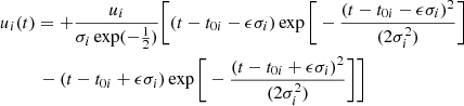 Mathematical equation: $$ \begin{aligned} \begin{split}&u_i(t)= +\frac{u_i}{\sigma _i \exp (-\frac{1}{2})}\Bigg [(t-t_{0i}-\epsilon \sigma _i) \exp \bigg [-\frac{(t-t_{0i}-\epsilon \sigma _i)^2}{(2\sigma _i^2)}\bigg ]\\&\qquad \;\;-(t-t_{0i}+\epsilon \sigma _i) \exp \bigg [-\frac{(t-t_{0i}+\epsilon \sigma _i)^2}{(2\sigma _i^2)}\bigg ]\Bigg ] \end{split} \end{aligned} $$