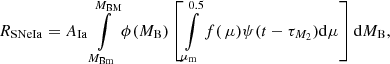 Mathematical equation: $$ \begin{aligned} R_{\rm SNeIa}=A_{\rm Ia}\int \limits ^{M_{\rm BM}}_{M_{\rm Bm}}\phi (M_{\rm B})\left[ \int \limits ^{0.5}_{\mu _{\rm m}}f({\,}\mu )\psi (t-\tau _{M_{2}})\mathrm{d}\mu \right] \mathrm{d}M_{\rm B}, \end{aligned} $$