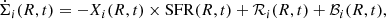 Mathematical equation: $$ \begin{aligned} \dot{\Sigma }_i(R,t)= -X_i(R,t) \times {\mathrm{SFR} }(R,t) + {\mathcal{R} }_i(R,t)+{\mathcal{B} }_i(R,t), \end{aligned} $$