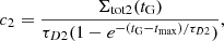 Mathematical equation: $$ \begin{aligned} c_2 =\frac{\Sigma _{\rm tot2}(t_{\rm G})}{\tau _{D2} (1- e^{-(t_{\rm G}-t_{\rm max})/\tau _{D2}})}, \end{aligned} $$