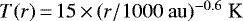 Mathematical equation: $T(r)\,{=}\,15\,{\times}\,(r/1000{\rm\ au})^{-0.6}\ \textrm{K}$