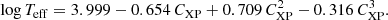 Mathematical equation: $$ \begin{aligned} \log T_{\mathrm{eff} } = 3.999 - 0.654\,C_{\mathrm{XP} } + 0.709\,C_{\mathrm{XP} }^2 - 0.316\,C_{\mathrm{XP} }^3. \end{aligned} $$