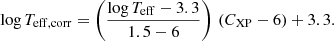 Mathematical equation: $$ \begin{aligned} \log T_{\mathrm{eff,corr} } = \left( \frac{\log T_{\mathrm{eff} } - 3.3}{1.5 - 6}\right) \, (C_{\mathrm{XP} } - 6) + 3.3. \end{aligned} $$