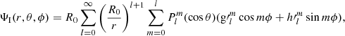 Mathematical equation: $$ \begin{aligned}&\Psi _{\mathrm{I} }(r,\theta ,\phi )=R_0\sum \limits _{l=0}^{\infty }\left(\frac{R_0}{r}\right)^{l+1}\sum _{m=0}^{l}P_l^m (\cos \theta )({\mathrm{g}\prime }_l^m\cos m\phi + {h\prime }_l^m\sin m\phi ), \end{aligned} $$