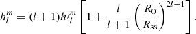 Mathematical equation: $$ \begin{aligned} h_l^m=(l+1){h\prime }_l^m\left[1+\frac{l}{l+1}\left(\frac{R_0}{R_{\mathrm{ss} }}\right)^{2l+1}\right]. \end{aligned} $$