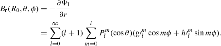 Mathematical equation: $$ \begin{aligned} B_{\rm r} (R_0,\theta ,\phi )&=-\frac{\partial \Psi _{\mathrm{I} }}{\partial r}\nonumber \\&= \sum \limits _{l=0}^{\infty }(l+1)\sum \limits _{m=0}^{l}P_l^m (\cos \theta )({\mathrm{g}\prime }_l^m\cos m\phi +{h\prime }_l^m\sin m\phi ). \end{aligned} $$