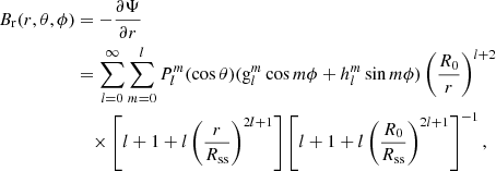 Mathematical equation: $$ \begin{aligned} B_{\rm r} (r,\theta ,\phi )&=-\frac{\partial \Psi }{\partial r}\nonumber \\&=\sum _{l=0}^{\infty }\sum \limits _{m=0}^{l}P_l^m (\cos \theta )(\mathrm{g}_l^m\cos m\phi +h_l^m\sin m\phi )\left(\frac{R_0}{r}\right)^{l+2}\nonumber \\&\quad \times \left[l+1+l\left(\frac{r}{R_{\mathrm{ss} }}\right)^{2l+1}\right] \left[l+1+l\left(\frac{R_0}{R_{\mathrm{ss} }}\right)^{2l+1}\right]^{-1}, \end{aligned} $$