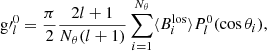 Mathematical equation: $$ \begin{aligned} {\mathrm{g}\prime }_l^0=\frac{\pi }{2}\frac{2l+1}{N_{\theta }(l+1)}\sum \limits _{i=1}^{N_{\theta }}\langle B_{i}^\mathrm{los} \rangle P_l^0(\cos \theta _i), \end{aligned} $$