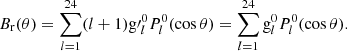 Mathematical equation: $$ \begin{aligned} B_{\rm r}(\theta )=\sum \limits _{l=1}^{24}(l+1){\mathrm{g}\prime }_l^0P_l^0(\cos \theta )=\sum \limits _{l=1}^{24}\mathrm{g}_l^0P_l^0(\cos \theta ). \end{aligned} $$