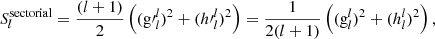 Mathematical equation: $$ \begin{aligned} S_l^{\mathrm{sectorial} }=\frac{(l+1)}{2}\left(({\mathrm{g}\prime }_l^l)^2+({h\prime }_l^l)^2\right)=\frac{1}{2(l+1)}\left(({\mathrm{g}}_l^l)^2+({h}_l^l)^2\right), \end{aligned} $$