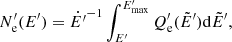 Mathematical equation: $$ \begin{aligned} N^\prime _\mathrm{e} (E^\prime ) = \dot{E^\prime }^{-1} \int _{E^\prime }^{E^\prime _\mathrm{max} } Q^\prime _\mathrm{e} (\tilde{E}^\prime ) \mathrm{d} \tilde{E}^\prime , \end{aligned} $$