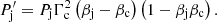 Mathematical equation: $$ \begin{aligned} P^\prime _{\mathrm{j} } = P_{\mathrm{j} } \Gamma _{\mathrm{c} }^2 \left(\beta _{\mathrm{j} }-\beta _{\mathrm{c} }\right)\left(1-\beta _{\mathrm{j} } \beta _{\mathrm{c} }\right). \end{aligned} $$