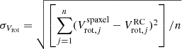 Mathematical equation: $$ \begin{aligned} \sigma _{V_{\rm rot}} = \sqrt{ \left[\sum \limits _{j=1}^n (V_{\mathrm{rot},j}^\mathrm{spaxel} - V_{\mathrm{rot},j}^\mathrm{RC})^{2}\right]/n} \end{aligned} $$