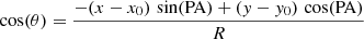 Mathematical equation: $$ \begin{aligned} \cos (\theta ) = \frac{-(x-x_{0})\, \sin (\mathrm{PA}) + (y-y_{0}) \, \cos (\mathrm{PA})}{R} \end{aligned} $$