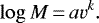Mathematical equation: \begin{equation*} \log M \,{=}\, a v^k. \end{equation*}