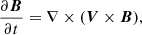 Mathematical equation: $$ \begin{aligned} \frac{\partial {\boldsymbol{B}}}{\partial t}=\nabla \times ({\boldsymbol{V}}\times {\boldsymbol{B}}), \end{aligned} $$