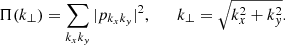 Mathematical equation: $$ \begin{aligned} \Pi (k_\perp ) = \mathop \sum \limits _{k_xk_{ y}} |p_{k_xk_{ y}}|^2, \qquad k_\perp = \sqrt{k_x^2+k_{ y}^2} . \end{aligned} $$