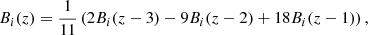 Mathematical equation: $$ \begin{aligned} B_i(z) = \dfrac{1}{11}\left( 2B_i(z-3) - 9B_i(z-2) +18B_i(z-1) \right) ,\end{aligned} $$