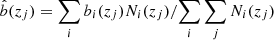 Mathematical equation: $ \hat{b}(z_j)= {\sum_i b_i(z_j)N_i(z_j)} / {\sum_i \sum_j N_i(z_j)} $