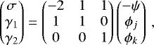 Mathematical equation: \begin{equation*} \begin{pmatrix} \sigma \\ \gamma_1 \\ \gamma_2 \end{pmatrix} = \begin{pmatrix} -2 & 1 & 1 \\ 1 & 1 & 0 \\ 0 & 0 & 1 \end{pmatrix} \begin{pmatrix} -\psi \\ \phi_j \\ \phi_k \end{pmatrix} \,, \end{equation*}