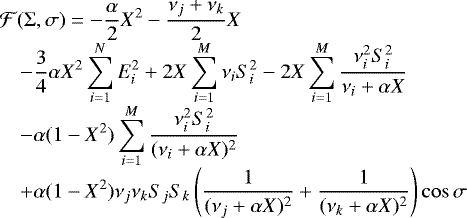 Mathematical equation: \begin{equation*} \begin{array}{@{}l@{}l@{}l@{}} &&\displaystyle\mathcal{F}(\Sigma,\sigma) = - \frac{\alpha}{2}X^2 - \frac{\nu_j+\nu_k}{2}X \\[4pt] &&\displaystyle\quad- \frac{3}{4}\alpha X^2\sum_{i=1}^N E_i^2 + 2X\sum_{i=1}^M \nu_iS_i^2 - 2X\sum_{i=1}^M\frac{\nu_i^2S_i^2}{\nu_i+\alpha X} \\[4pt] &&\displaystyle\quad- \alpha (1-X^2)\sum_{i=1}^M\frac{\nu_i^2S_i^2}{(\nu_i+\alpha X)^2} \\[4pt] &&\displaystyle\quad+ \alpha (1-X^2)\nu_j\nu_kS_jS_k\left(\frac{1}{(\nu_j+\alpha X)^2}+\frac{1}{(\nu_k+\alpha X)^2}\right)\cos\sigma \end{array} \end{equation*}