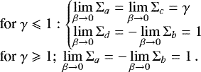 Mathematical equation: \begin{equation*}\begin{array}{@{}lll@{}} &&\displaystyle\text{for } \gamma \leqslant 1:\left\{ \begin{array}{@{}l@{}l@{}l@{}} &&\displaystyle\lim\limits_{\beta\rightarrow 0}\Sigma_a = \lim\limits_{\beta\rightarrow 0}\Sigma_c = \gamma \\[4pt] &&\displaystyle\lim\limits_{\beta\rightarrow 0}\Sigma_d = -\lim\limits_{\beta\rightarrow 0}\Sigma_b = 1 \end{array} \right.\\ &&\text{for } \gamma \geqslant 1;\ \lim\limits_{\beta\rightarrow 0}\Sigma_a = -\lim\limits_{\beta\rightarrow 0}\Sigma_b = 1 \,. \end{array} \end{equation*}