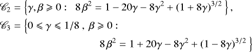Mathematical equation: \begin{equation*}\begin{array}{@{}r@{\hskip3pt}c@{\hskip3pt}l@{}} \mathscr{C}_2 &=&\displaystyle \left\{ \gamma,\beta\geqslant 0:\ \ 8\,\beta^2 = 1-20\gamma-8\gamma^2+(1+8\gamma)^{3/2}\ \right\}, \\[4pt] \mathscr{C}_3 &=&\displaystyle \Big\{ 0\leqslant\gamma\leqslant1/8\ ,\ \beta\geqslant 0:\\[4pt] &&\displaystyle\hspace{2.5cm} 8\,\beta^2 = 1+20\gamma-8\gamma^2+(1-8\gamma)^{3/2}\ \Big\} \end{array} \end{equation*}