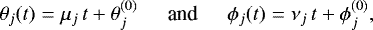 Mathematical equation: \begin{equation*} \theta_j(t) = \mu_j\,t + \theta_j^{(0)} \hspace{0.5cm}\text{and}\hspace{0.5cm} \phi_j(t) = \nu_j\,t + \phi_j^{(0)}, \end{equation*}