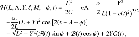 Mathematical equation: \begin{equation*} \begin{array}{@{}lll@{}} &&\displaystyle\mathcal{H}(L,\Lambda,Y,\ell,M,-\psi,t) = \frac{L^2}{2C} + n\Lambda - \frac{\alpha}{2}\frac{Y^2}{L\big(1-e(t)^2\big)^{3/2}} \\[4pt] &&\displaystyle\quad- \frac{\alpha_r}{2L}(L+Y)^2\cos\big[2(\ell-\lambda-\psi)\big] \\[4pt] &&\displaystyle\quad- \sqrt{L^2-Y^2}\big(\mathcal{A}(t)\sin\psi + \mathcal{B}(t)\cos\psi\big) + 2Y\mathcal{C}(t) \,, \end{array} \end{equation*}
